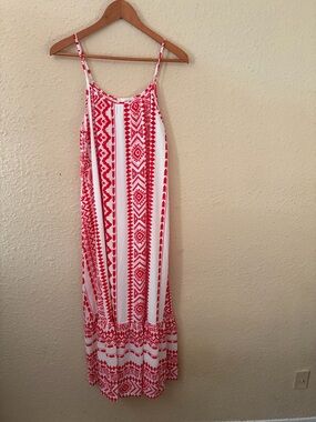 Red and White Printed Maxi Dress with Spaghetti Straps